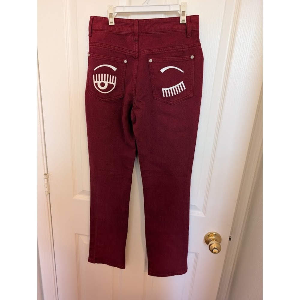 Chiara Ferragni Women's Burgundy Eye Appliqué High Waisted Jeans Size S‎